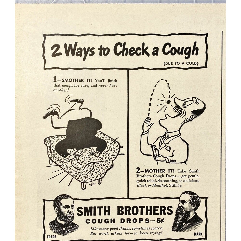 Smith Brothers Cough Drops "2 Ways to Check a Cough" Vintage Print Ad 1946